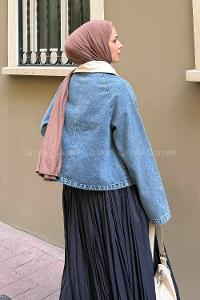 Lamelif Çıtçıtlı Krem Gömlek Yaka Detaylı Denim Ceket Kot Mavisi