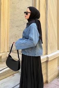 Lamelif Çıtçıtlı Siyah Gömlek Yaka Detaylı Denim Ceket Kot Mavisi