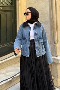 Lamelif Çıtçıtlı Siyah Gömlek Yaka Detaylı Denim Ceket Kot Mavisi