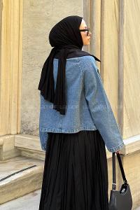 Lamelif Çıtçıtlı Siyah Gömlek Yaka Detaylı Denim Ceket Kot Mavisi