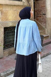 Lamelif V Yaka Kolları Lastikli Müslin Tesettür Gömlek Bebe Mavisi