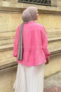 Lamelif V Yaka Kolları Lastikli Müslin Tesettür Gömlek Pembe