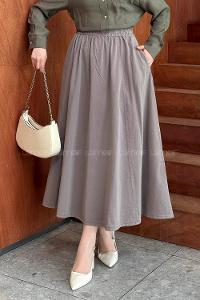 Lamelif Cepli Bel Lastikli Gabardın Tesettür Etek Toprak