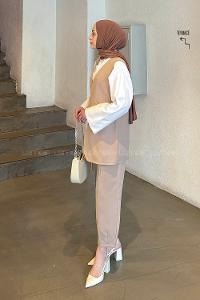 Lamelif Pantolon-Yelek İkili Tesettür Takım Bej