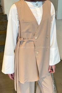 Lamelif Pantolon-Yelek İkili Tesettür Takım Bej