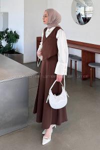 Lamelif Crop Yelek-Etekli İkili Takım Acı Kahve