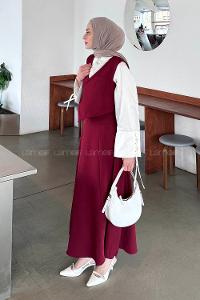 Lamelif Crop Yelek-Etekli İkili Takım Bordo