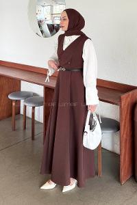 Lamelif Düğme Detaylı Kolsuz Tesettür Elbise Acı Kahve