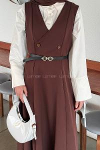 Lamelif Düğme Detaylı Kolsuz Tesettür Elbise Acı Kahve