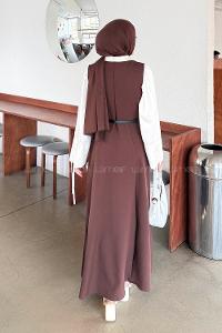 Lamelif Düğme Detaylı Kolsuz Tesettür Elbise Acı Kahve