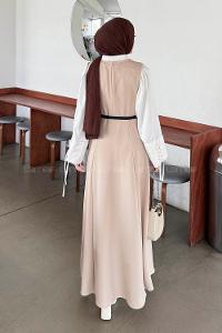 Beige V Neck Cotton Elastan Polyester Dresess