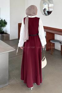 Lamelif Düğme Detaylı Kolsuz Tesettür Elbise Bordo