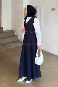 Navy Blue V Neck Cotton Elastan Polyester Dresess