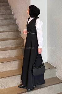 Lamelif Düğme Detaylı Kolsuz Tesettür Elbise Siyah