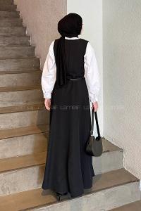 Lamelif Düğme Detaylı Kolsuz Tesettür Elbise Siyah