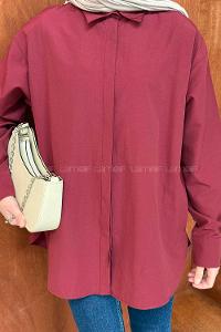 Lamelif Gizli Düğme Kapamalı Oversize Tesettür Gömlek Bordo