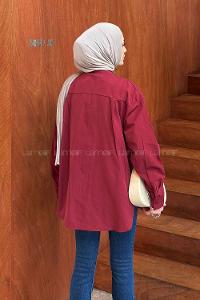 Lamelif Gizli Düğme Kapamalı Oversize Tesettür Gömlek Bordo