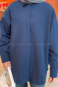 Lamelif Gizli Düğme Kapamalı Oversize Tesettür Gömlek Lacivert