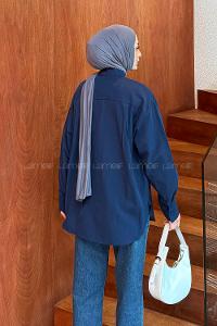 Lamelif Gizli Düğme Kapamalı Oversize Tesettür Gömlek Lacivert