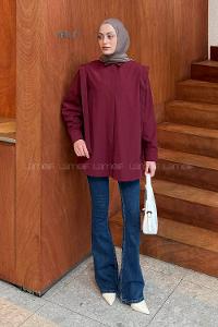 Lamelif Omuz Vatka Detaylı Tesettür Gömlek Bordo