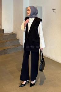 Lamelif Cep Detaylı Yelek Pantolon İkili Tesettür Takım Siyah