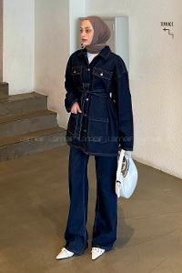 Lamelif Denim Ceket-Pantolon İkili Takım Kot Mavisi