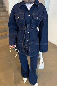 Lamelif Denim Ceket-Pantolon İkili Takım Kot Mavisi