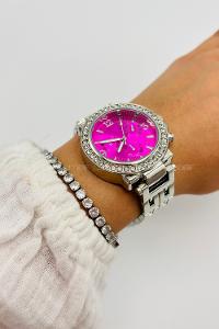 Lamelif Gümüş Metal Kordon Pembe Ekartman Taş Detaylı Kol Saati
