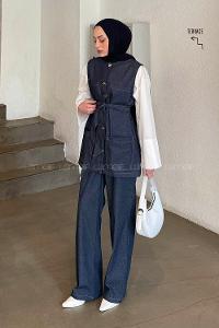 Lamelif Kot Pantolon-Tunik İkili Tesettür Takım Kot Mavisi
