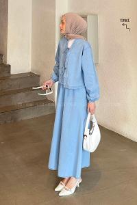 Lamelif Lamelif Ön Fiyonk Bağlamalı Kolları Lastikli Bluz İkili Tesettür Takım Mavi