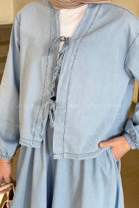 Lamelif Lamelif Ön Fiyonk Bağlamalı Kolları Lastikli Bluz İkili Tesettür Takım Mavi