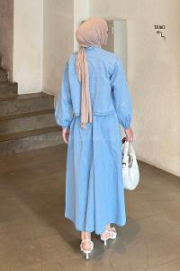 Lamelif Lamelif Ön Fiyonk Bağlamalı Kolları Lastikli Bluz İkili Tesettür Takım Mavi