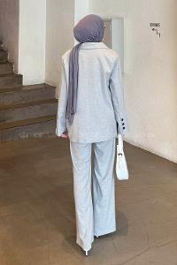 Lamelif Maskülen Kapak Cep Detaylı Blazer Ceket Pantolon İkili Takım Gri