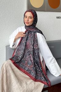 Lamelif Retro Desen Soft Şal Bordo Siyah