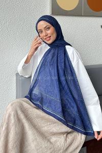 Lamelif Retro Desen Soft Şal Gece Mavisi