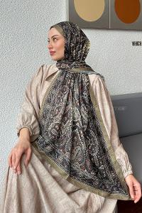 Lamelif Retro Desen Soft Şal Haki