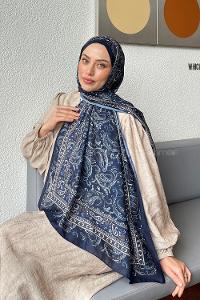 Lamelif Retro Desen Soft Şal Lacivert