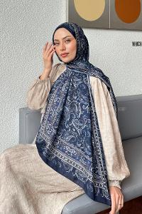 Lamelif Retro Desen Soft Şal Lacivert