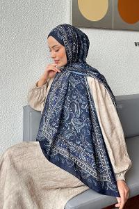 Lamelif Retro Desen Soft Şal Lacivert