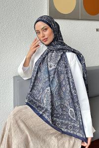 Lamelif Retro Desen Soft Şal Lacivert Ekru