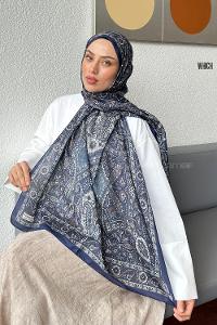 Lamelif Retro Desen Soft Şal Lacivert Ekru