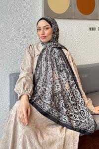 Lamelif Retro Desen Soft Şal Siyah Ekru