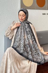 Lamelif Retro Desen Soft Şal Siyah Ekru