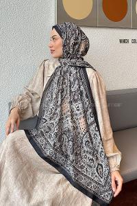 Lamelif Retro Desen Soft Şal Siyah Ekru