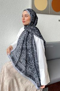 Lamelif Retro Desen Soft Şal Siyah Gri