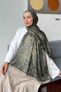 Lamelif Retro Desen Soft Şal Yağ Yeşili