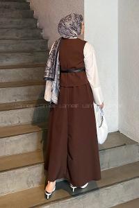 Lamelif Düğmeli Etek-Yelek Tesettür İkili Takım Acı Kahve