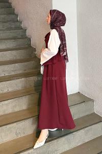Lamelif Düğmeli Etek-Yelek Tesettür İkili Takım Bordo