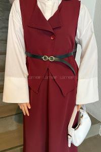 Lamelif Düğmeli Etek-Yelek Tesettür İkili Takım Bordo