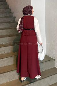Lamelif Düğmeli Etek-Yelek Tesettür İkili Takım Bordo